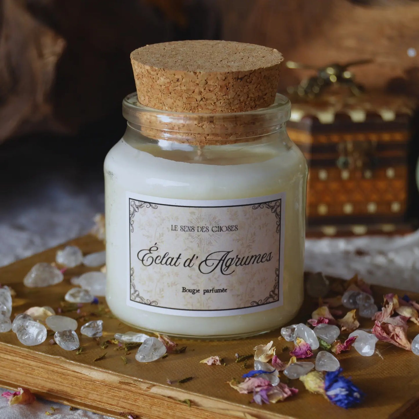 Bougie parfumée artisanale Éclat d’agrumes – Création artisanale | Le sens des choses – Boutique de bougies parfumées végétales, décorations et savons