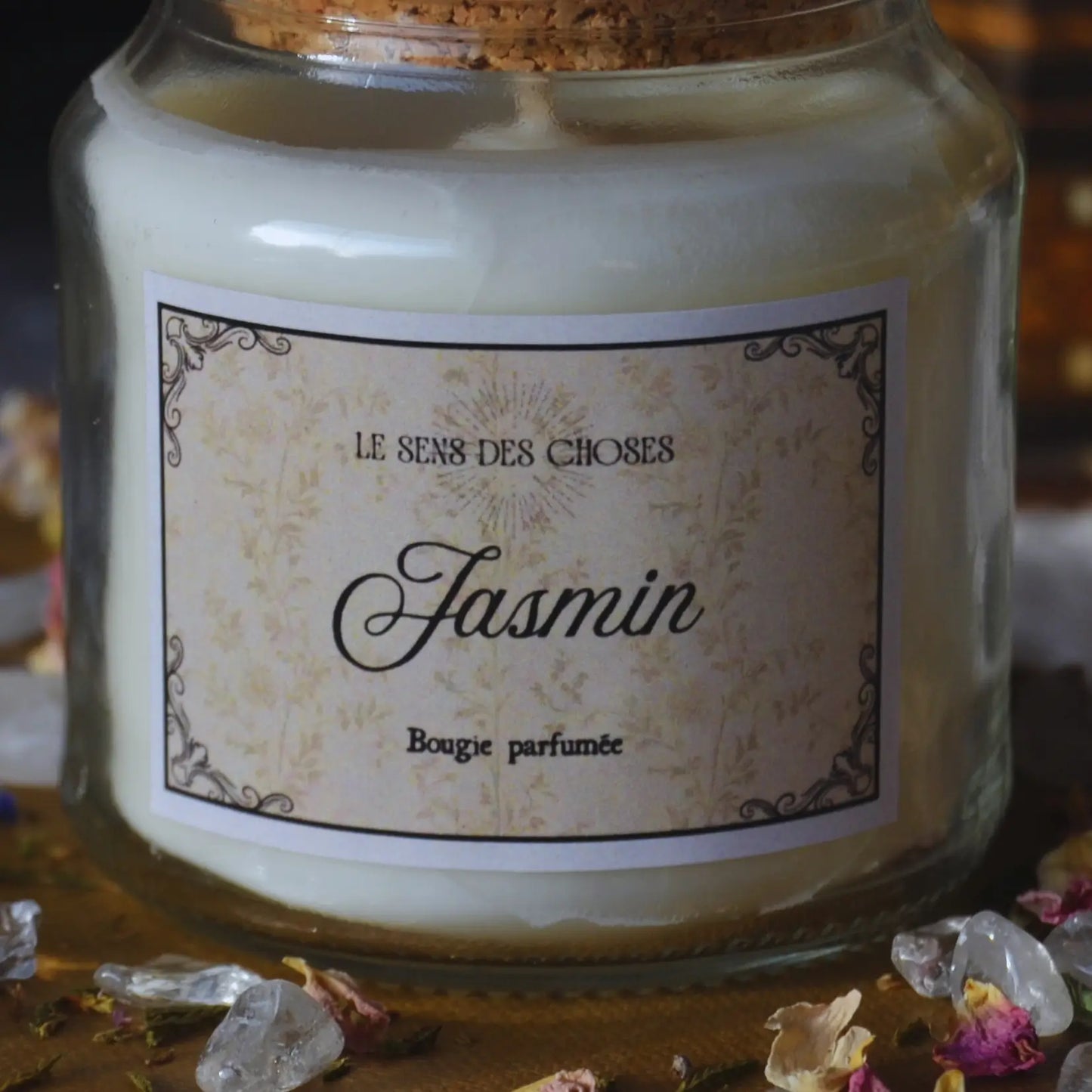 Bougie parfumée artisanale au jasmin – Création artisanale | Le sens des choses – Boutique de bougies parfumées végétales, décorations et savons