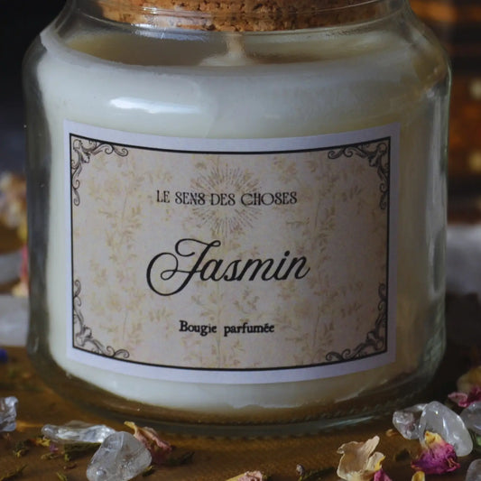 Bougie parfumée artisanale au jasmin – Création artisanale | Le sens des choses – Boutique de bougies parfumées végétales, décorations et savons