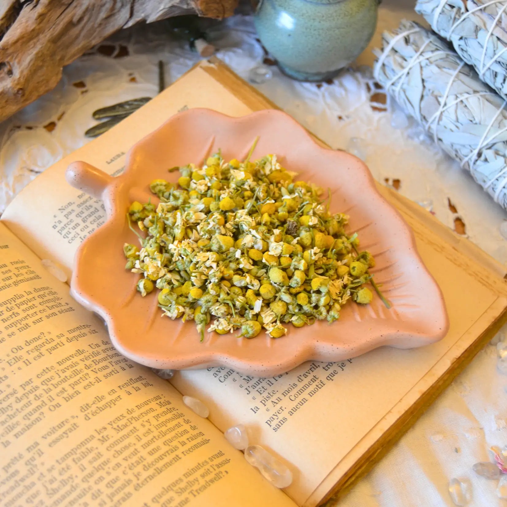 Fleurs de camomille séchées (Matricaria Recutita) – Création artisanale | Le sens des choses – Boutique de bougies parfumées végétales et objets décoratifs écoresponsables